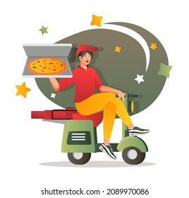 Pizza delivery flat character concept for web design. Man courier delivering parcel by scooter, fast shipping at home, modern people scene. Vector illustration for social media promotional materials.