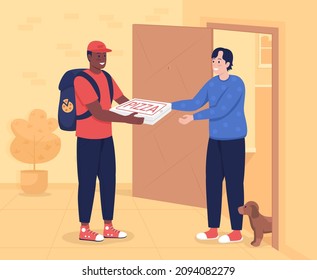 Pizza delivery flat color vector illustration. Shipping fast food. Courier man with customer at home entrance 2D cartoon characters with apartment building corridor interior on background