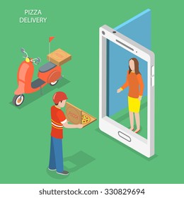 Pizza delivery flat isometric vector concept. Pizza courier stays with the box near the door that looks like a smartphone and gives it to the customer.