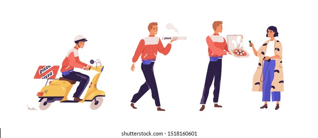 Pizza delivery flat vector illustration. Girl cartoon character receiving pizzeria order. Deliveryman on scooter, guy carrying box with food isolated design elements. Fastfood courier service.