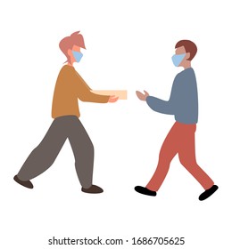
Pizza delivery flat vector illustration. Fast shipping. Mailbox. Flat young man. quarantined virus protection. 
pandemic protection. Cartoon vector illustration. 
