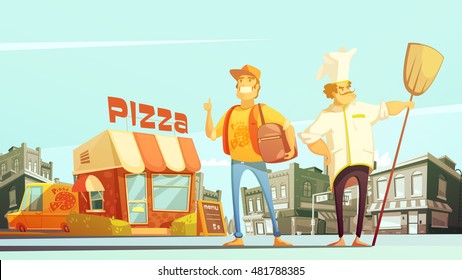 Pizza delivery flat vector illustration in cartoon style with chef courier yellow minibus for delivery and pizzeria at town landscape 