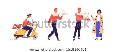 Pizza delivery flat vector illustration. Girl cartoon character receiving pizzeria order. Deliveryman on scooter, guy carrying box with food isolated design elements. Fastfood courier service.