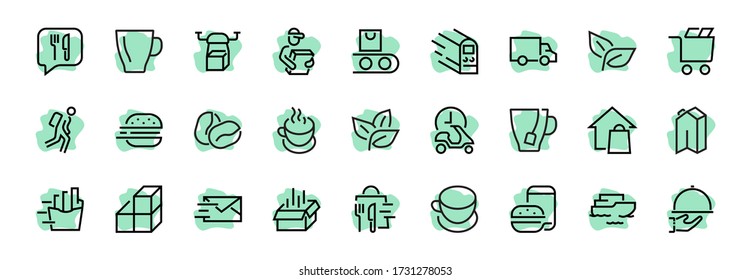 PIZZA DELIVERY, and Food Icon Set Vector thin line, contains courier, home delivery, food ordering, fast transport, drone, ship, car, editable stroke. ICONS circuits.