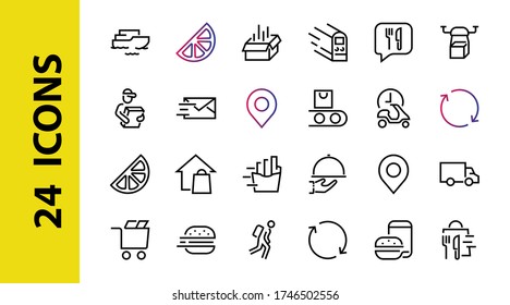 PIZZA DELIVERY, and Food Icon Set Vector thin line, contains courier, home delivery, food ordering, fast transport, drone, ship, car, editable stroke. ICONS circuits.