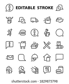 PIZZA DELIVERY, and Food Icon Set Vector thin line, contains courier, home delivery, food ordering, fast transport, drone, ship, car, editable stroke. ICONS circuits.