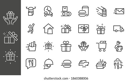 PIZZA DELIVERY, and Food Icon Set Vector thin line, contains courier, home delivery, food ordering, fast transport, drone, ship, car, editable stroke. ICONS circuits.