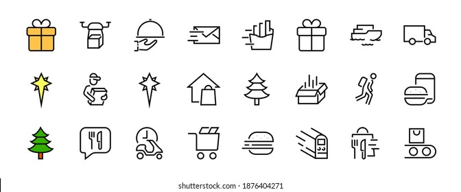 PIZZA DELIVERY, and Food Icon Set Vector thin line, contains courier, home delivery, food ordering, fast transport, drone, ship, car, editable stroke. ICONS circuits.