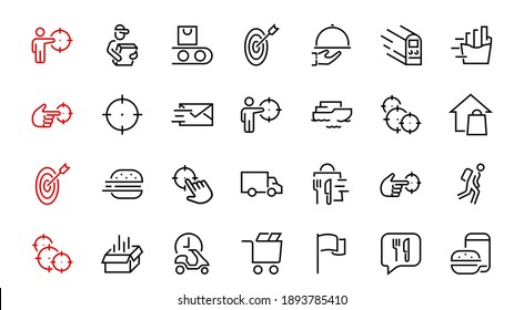 PIZZA DELIVERY, and Food Icon Set Vector thin line, contains courier, home delivery, food ordering, fast transport, drone, ship, car, editable stroke. ICONS circuits.