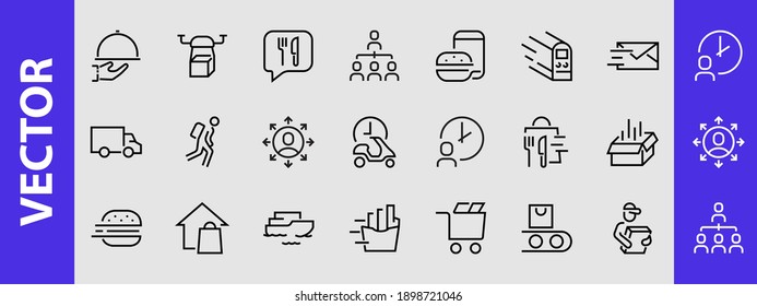 PIZZA DELIVERY, and Food Icon Set Vector thin line, contains courier, home delivery, food ordering, fast transport, drone, ship, car, editable stroke. ICONS circuits.