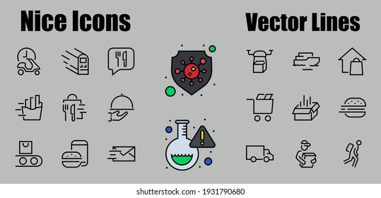 PIZZA DELIVERY, and Food Icon Set Vector thin line, contains courier, home delivery, food ordering, fast transport, drone, ship, car, editable stroke. ICONS circuits.