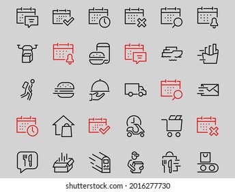 PIZZA DELIVERY, and Food Icon Set Vector thin line, contains courier, home delivery, food ordering, fast transport, drone, ship, car, editable stroke. ICONS circuits.