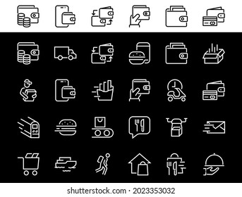 PIZZA DELIVERY, and Food Icon Set Vector thin line, contains courier, home delivery, food ordering, fast transport, drone, ship, car, editable stroke. ICONS circuits.