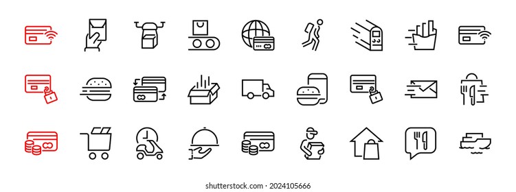 PIZZA DELIVERY, and Food Icon Set Vector thin line, contains courier, home delivery, food ordering, fast transport, drone, ship, car, editable stroke. ICONS circuits.