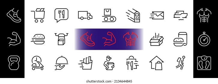 PIZZA DELIVERY, and Food Icon Set Vector thin line, contains courier, home delivery, food ordering, fast transport, drone, ship, car, editable stroke. ICONS circuits