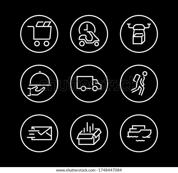 PIZZA DELIVERY, and Food
Icon Set Vector thin line, contains courier, home delivery, food
ordering, fast transport, drone, ship, car, editable stroke. ICONS
circuits.