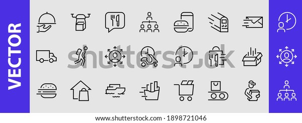 PIZZA DELIVERY, and Food\
Icon Set Vector thin line, contains courier, home delivery, food\
ordering, fast transport, drone, ship, car, editable stroke. ICONS\
circuits.