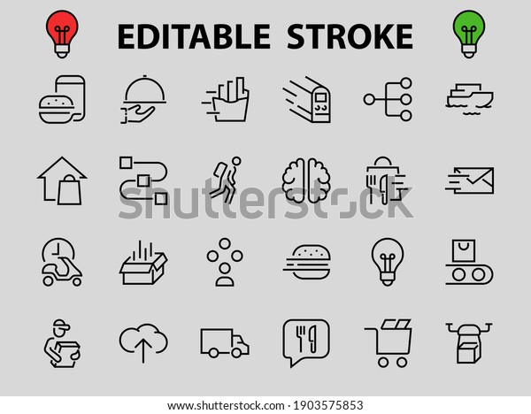 PIZZA DELIVERY, and Food\
Icon Set Vector thin line, contains courier, home delivery, food\
ordering, fast transport, drone, ship, car, editable stroke. ICONS\
circuits.