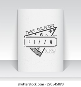 Pizza delivery. The food and service. Old school of vintage label. Sheet of white paper. Monochrome typographic labels, stickers, logos and badges. Flat vector illustration
