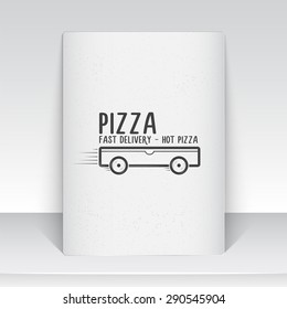 Pizza delivery. The food and service. Old school of vintage label. Sheet of white paper. Monochrome typographic labels, stickers, logos and badges. Flat vector illustration