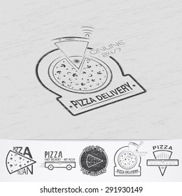 Pizza delivery. The food and service. Old school of vintage label. Old retro vintage grunge. Scratched, damaged, dirty effect. Monochrome typographic labels, stickers, logos and badges. 