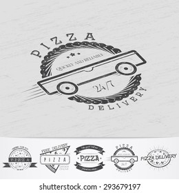 Pizza delivery. The food and service. Old school of vintage label. Old retro vintage grunge. Scratched, damaged, dirty effect. Monochrome typographic labels, stickers, logos and badges.