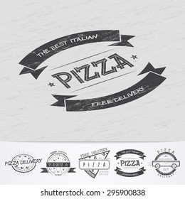 Pizza delivery. The food and service. Old school of vintage label. Old retro vintage grunge. Scratched, damaged, dirty effect. Monochrome typographic labels, stickers, logos and badges. 
