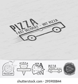 Pizza delivery. The food and service. Old school of vintage label. Old retro vintage grunge. Scratched, damaged, dirty effect. Monochrome typographic labels, stickers, logos and badges. 