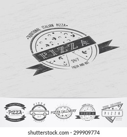 Pizza delivery. The food and service. Old school of vintage label. Old retro vintage grunge. Scratched, damaged, dirty effect. Monochrome typographic labels, stickers, logos and badges.