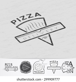 Pizza delivery. The food and service. Old school of vintage label. Old retro vintage grunge. Scratched, damaged, dirty effect. Monochrome typographic labels, stickers, logos and badges.