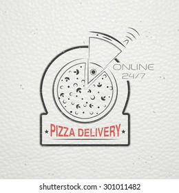 Pizza delivery. The food and service. Old school of vintage label. Old retro vintage grunge. Scratched, damaged, dirty effect. Typographic labels, stickers, logos and badges. Flat vector illustration