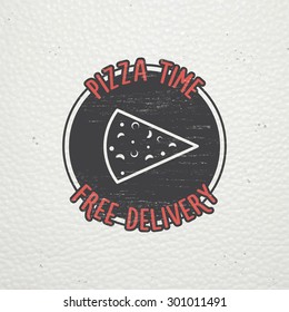 Pizza delivery. The food and service. Old school of vintage label. Old retro vintage grunge. Scratched, damaged, dirty effect. Typographic labels, stickers, logos and badges. Flat vector illustration