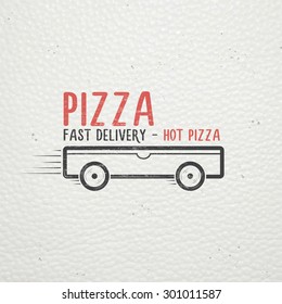 Pizza delivery. The food and service. Old school of vintage label. Old retro vintage grunge. Scratched, damaged, dirty effect. Typographic labels, stickers, logos and badges. Flat vector illustration