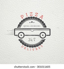 Pizza delivery. The food and service. Old school of vintage label. Old retro vintage grunge. Scratched, damaged, dirty effect. Typographic labels, stickers, logos and badges. Flat vector illustration