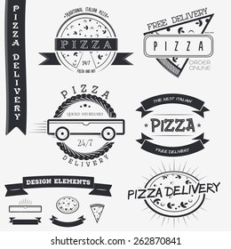 Pizza delivery. The food and service. Set of Typographic Badges Design Elements, Designers Toolkit. Flat vector illustration