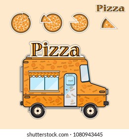 Pizza delivery food street food truck vector Concept of distributing products to customers at home. Stay at home then order pizza to eat. Vector cartoon images
