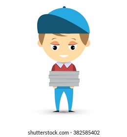 Pizza delivery. Funny guy in a cap holding several boxes of pizza. Vector illustration.