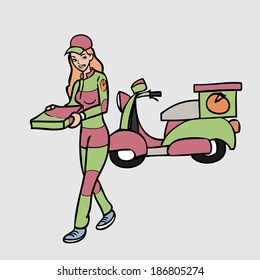 Pizza delivery girl carrying box