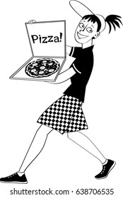Pizza delivery girl with a pie in a box, EPS8 vector illustration, no white objects, black only