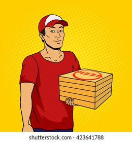 Pizza delivery guy. Cartoon pop art vector illustration. Human comic book vintage retro style. 