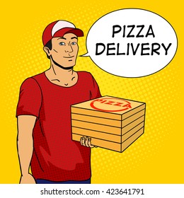 Pizza delivery guy. Cartoon pop art vector illustration. Human comic book vintage retro style. 