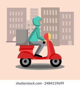 Pizza delivery guy, courier on a scooter. A man in a helmet rides a scooter. Delivery of food and goods. Transport, city, houses. Vector illustration, background isolated.