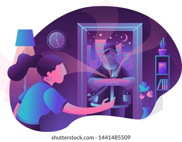 Pizza Delivery Guy Handing Pizza Box On Doorway. Cartoon Vector Illustration. Delivery Order. Open Door. Inside Of Home.