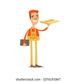 Pizza delivery, guy holding pizza.  Vector image