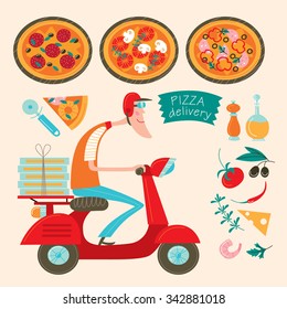 Pizza delivery guy with kinds of pizza on the board and traditional Italian cuisine ingredients. Cartoon style vector illustration.