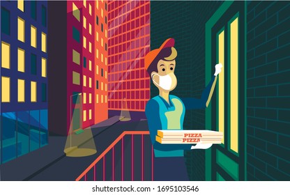 Pizza Delivery Guy In A Mask And Gloves Holding Pizza Box In One Hand And Knocking The House Door.