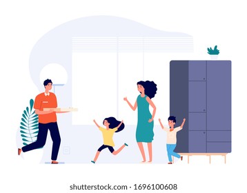 Pizza delivery. Happy kids, mother, boy with food box. Family waiting dinner vector illustration