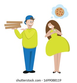 Pizza delivery at home. A man delivers pizza. The girl pays for pizza delivery.