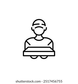 Pizza delivery icon depicting a person receiving a parcel. Represents courier services, e-commerce deliveries, and customer receipt of goods. Suitable for use on websites. Vector illustration