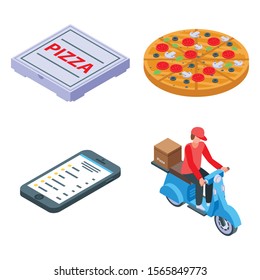 Pizza delivery icons set. Isometric set of pizza delivery vector icons for web design isolated on white background